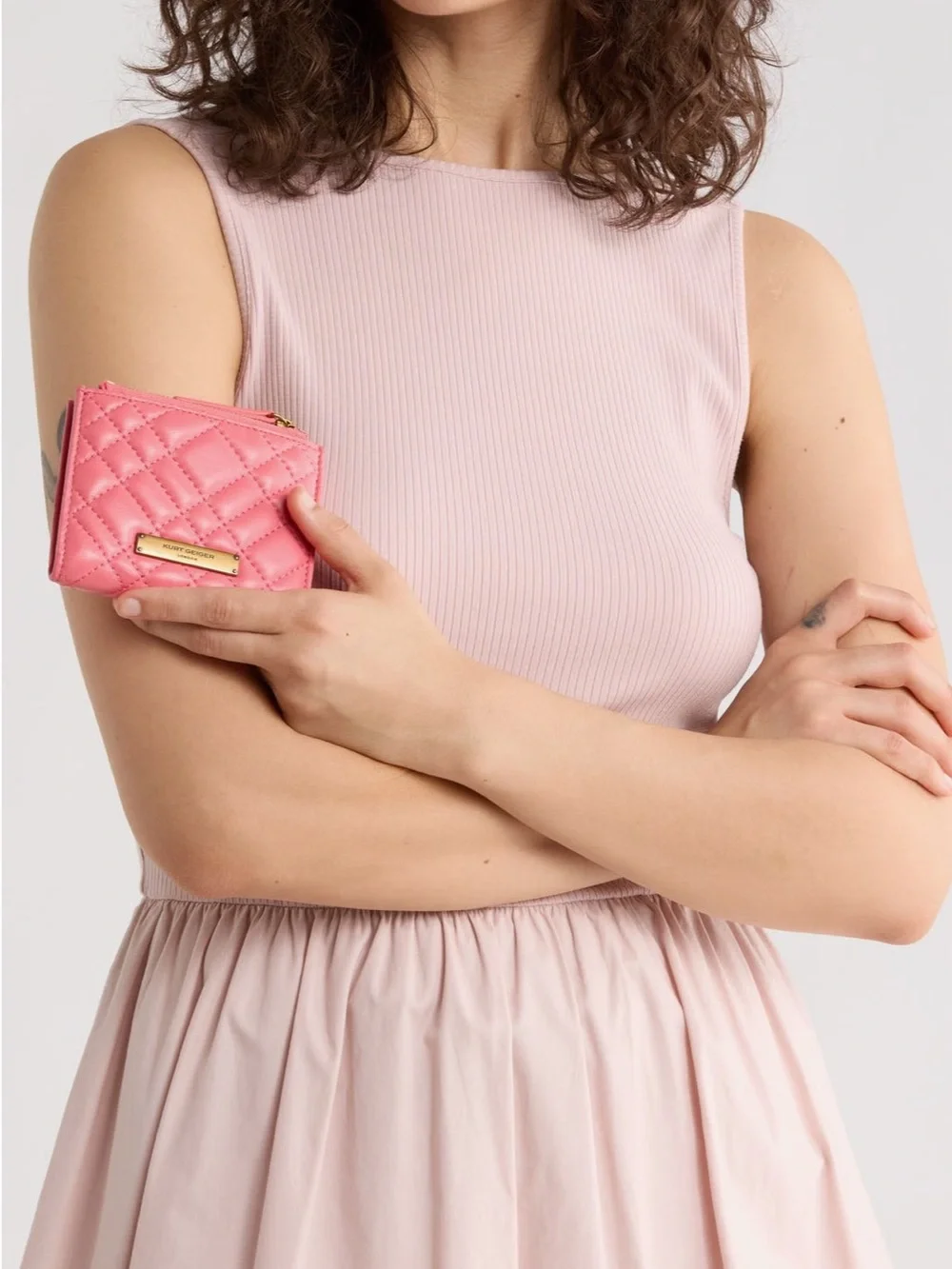 Kurt Geiger Quilted Coral-Pink Leather Card Wallet with Gold Plate